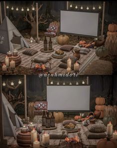 a table topped with lots of food and candles next to a tent filled with pumpkins