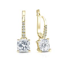 Dangle studs 4-Prong Basket set diamond earrings make a stylish statement in beauty. These 18k yellow gold diamond earrings sparkle with a 2.00 ct. cushion-cut natural diamonds as center stone and 0.10 ct. total weight of small round diamonds as side stone, together with a total weight of 2.10 ct. in lever back clasps. Black Diamond Pendant, Yellow Gold Diamond Earrings, Black Diamond Studs, Solitaire Diamond Pendant, Colored Diamond Rings, Basket Setting, Basket Set, Black Diamond Ring, Sparkle Earrings