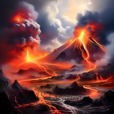 an artistic painting of volcanos and lava in the sky