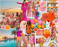 Spritz Day Drinking Weather Party Dresscode: Orange, Pink & Turquoise Pink Orange Teal Aesthetic, Color Block Bachelorette Party, Pink And Orange Bathing Suit Bachelorette, Bright Colour Bachelorette Party, Hens Day Themes, Pink Orange Blue Birthday Party, Blue And Orange Bachelorette, Bright Hens Party, Bright Color Bachelorette Party