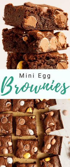 chocolate brownies stacked on top of each other with the words, mini egg brownies