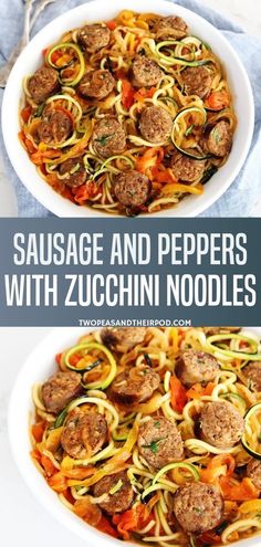 sausage and peppers with zucchini noodles in a white bowl