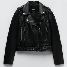 Leather Jacket Classic Black Biker Jacket For Spring, Classic Zara Leather Jacket For Winter, Classic Black Zara Leather Jacket, Zara Classic Leather Jacket For Winter, Zara Classic Black Leather Jacket, Elegant Black Biker Jacket For Fall, Zara Jacket, Zara Jackets, Leather Jackets