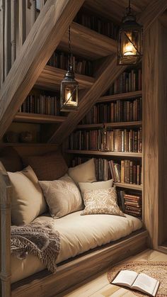 an attic bedroom with bookshelves and pillows