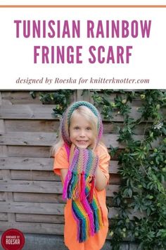 Tunisian Rainbow Fringe Scarf by Roeska - KnitterKnotter Tunisian Crochet Scarf Pattern, Tunisian Crochet Scarf, Tunisian Crochet Free, Crochet Kids Scarf, Rainbow Fringe, Crochet Tunisian, Crochet Scarf Pattern, Honeycomb Stitch, Tunisian Crochet Patterns