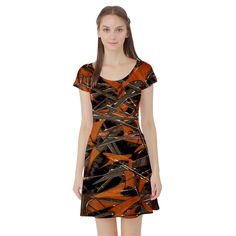 Intricate Abstract Print Short Sleeve Skater Dress Modern Abstract Print, Printed Shorts