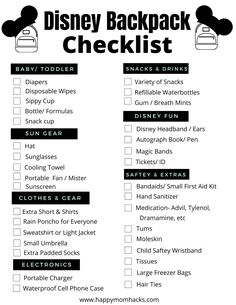 the disney backpack checklist is shown in black and white