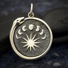 Sterling Silver Ouroboros Snake Moon Phases Charm. 925 Sterling Silver Moon Phases Charm. 22mm x 17mm x 2mm Wholesale Jewelry Supplies, Moon Charm, Silver Moon, Cute Charms, Ear Cuffs, Fantasy Jewelry, Moon Phases, Sterling Silver Charm, Snakes