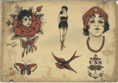 an old paper with tattoos on it and some women's headdress,