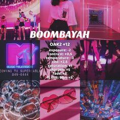 the poster for boombayah is shown in pink and purple tones with images of people