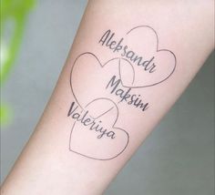 two hearts with names tattooed on each side of the arm that says, alesand makin valiuya