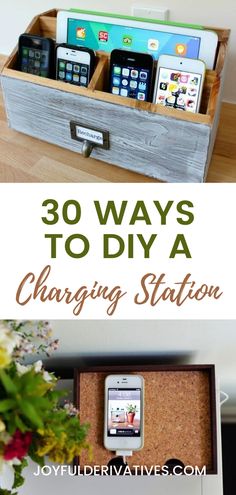 a wooden box filled with cell phones and text that reads 30 ways to diy a charging station