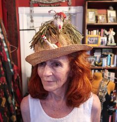 This is the most outrageous hat I have ever seen! Have had for years and yes actually wore at the beach a couple of times. And was I a traffic stopper on the boardwalk!  Mostly though this has been more of a conversation piece. This is made by Mr. Kenneth and for all you younger ladies out there, he was THE designer in the 60s. Jackie Kennedy was probably his most famous client. I have only seen a couple other of these outrageous hats as I never thought he was that wild and crazy of a designer but you never know. Check him out on the internet. I have a big head so hard to tell if supposed to stand so tall on head or just my head is too big. The crown opening measured on inside is @ 22.5". Don't go by pix of it on golden mannequin head as that is not real life size. Inside label reads "Mr. Fun Brimmed Summer Costume Hats, Fun Wide Brim Summer Hat, Fun Curved Brim Hat For Kentucky Derby, Fun Brimmed Beach Costume Hats, Whimsical Mini Hats With Short Brim For Beach, Handmade Vintage Beach Costume Hats And Headpieces, Fun Short Brim Costume Hats For Summer, Unique Fedora Hats For The Beach, Unique Fedora Beach Hat