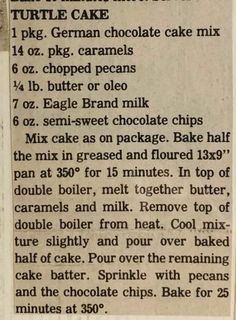 an old recipe for turtle cake with instructions