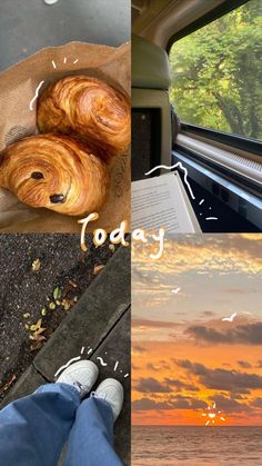 there is a collage of pictures with the words today and two croissants