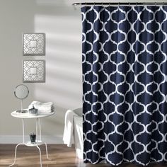 Navy Grey And Blue Bathroom Ideas, Cream Bathrooms, Grey And Blue Bathroom, Grey Bathroom Ideas, Blue Bathroom Ideas, Geometric Shower Curtain, Curtain Styles, Blue Shower Curtains, Blue White Decor