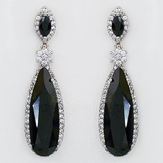 CZ Earrings. Total glam. Jet black teardrop earrings in an elongated design. Perfect for parties, nights out & formal affairs. Old Hollywood glam. Black Drop Earrings For Formal Occasions, Black Teardrop Earrings For Evening, Black Teardrop Earrings For Formal Occasions, Black Drop Teardrop Earrings For Party, Black Teardrop Earrings For Party, Black Teardrop Drop Earrings For Party, Black Teardrop Crystal Earrings For Formal Events, Elegant Black Long Drop Chandelier Earrings, Pierced Black Teardrop Jewelry