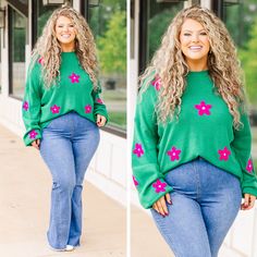 fb-feed Oversized Green Sweater For Spring, Cozy Floral Print Sweater For Spring, Trendy Green Soft Knit Sweater, Dark Green Floral Sweater, Plus Size Green Cardigan, Winter Green Floral Print Sweater, Cozy Long Sleeve Sweater With Floral Print, Plus Size Fur Trim Cardigan, Green Sweater