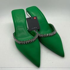 Sexy Zara Nwt Emerald Green Rhinestones Heels Sandals Shoes. Size 36 = Us Size 6. Heels Are 2.625” High **Comes From A Clean, Smoke Free Home** Rhinestones Heels, Rhinestone Heels, Heels Sandals, Zara Shoes, Emerald Green, Shoes Women Heels, Sandals Heels, Shoes Sandals, Emerald