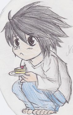 a drawing of a boy holding a piece of cake in his hand and looking at the camera