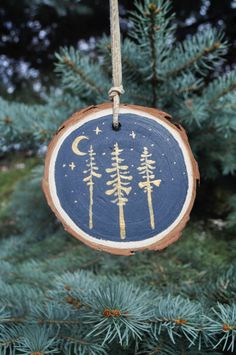 a wooden ornament hanging from a tree branch with pine trees in the background