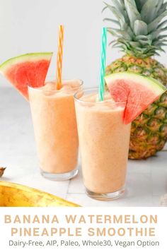 two glasses filled with watermelon and pineapple smoothie