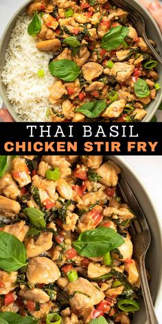 thai chicken stir fry in a pan with white rice and basil on the side, topped with