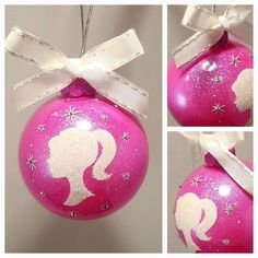 pink ornament with white silhouettes and bows