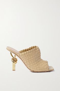 BOTTEGA VENETA Knot embellished intrecciato leather mules | NET-A-PORTER Bottega Shoes, Bottega Veneta Shoes, Soft Beige, Leather Pieces, Footwear Design Women, Leather Mules, Wallet Accessories, The Vamps, Heeled Loafers