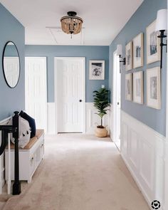 a hallway with blue walls and pictures on the wall