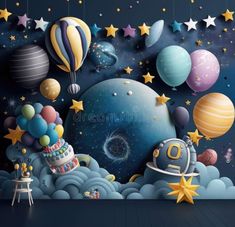 an image of a space scene with balloons and stars on the wall royalty illustration stock photo