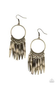 Curved brass plates dangle from the bottom of a textured brass hoop, creating a rustic fringe. Earring attaches to a standard fishhook fitting.

 Sold as one pair of earrings. Thick Silver Ring, Brass Plates, Paparazzi Accessories Jewelry, Antique Brass Frame, Fringe Earring, Hammered Silver Ring, Jewelry Watch, Brass Hoops, Trendy Nail