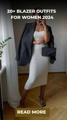 20+ Blazer Outfits For Women 2024 Blazer And Dress Combo, Gown With Blazer Outfit, Blazers With Dresses Outfit, Oversized Blazer Skirt Outfit, Blazers With Dresses, Long Dress With Blazer Outfit, Blazer Over Dress Outfits, Blazer With Dress Outfit, Dress Blazer Outfit