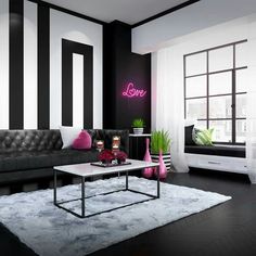 a black and white living room with pink accents