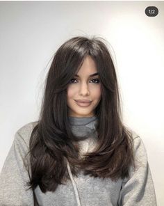 Medium Hair Blowout With Bangs, Collarbone Length Hair Blowout, Blowout Hair Long Brown, Brown Hair Blowout Layers, 90s Layered Brown Blowout Hair, Long Hair With Bangs And Layers, Brown Hair Inspiration, Hair Styels, Dark Brunette Hair