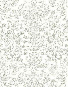 Storyline (Sage) Wallpaper | Folk art inspired pattern featuring flora and fauna in sage green on a soft gray ground Hygge & West, Gold Light Fixture, Modern Wallpaper Designs, Toile Pattern, New England Homes, White Shower, Flying Pig, Line Work, Whimsical Design