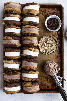 an overhead view of cookies and ice cream on a baking tray