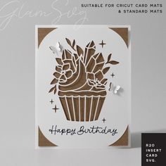 a card with a cupcake on it and the words happy birthday written in white