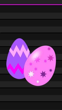 two pink and purple easter eggs with stars on the top, against a black background