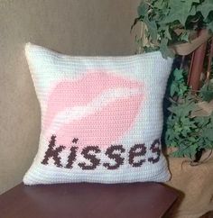 Kisses Pillow Crochet pattern by Vicki Moore Crochet Heart Tutorial, Valentines Pillow, Pillow Cover Pattern, Heart Tutorial, Crochet Valentines, Pillow Crochet Pattern, Pillow Covers Pattern, Pillow Crochet, Valentines Pillows