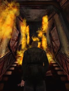 a man is walking down some stairs with fire coming out of his mouth and back to the camera