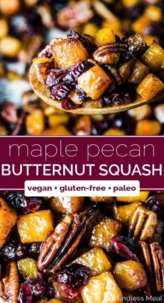 a spoon full of maple pecan butternut squash with the title text above it