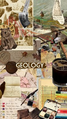 collage of various images with the words geoloy written on them and pictures of objects