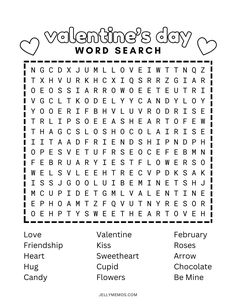 valentine's day word search is shown in black and white with hearts on it