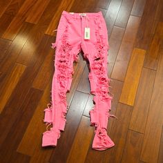 Super High Waisted Distressed Skinny Jeans Measurements Waist 12.5” Stretched Waist 13.5” Length 41” Comes From A Smoke/Pet Free Home High Waist Ripped Pink Bottoms, Pink High Waist Ripped Bottoms, High Rise Ripped Pink Bottoms, Ripped Bottoms For Spring Party, Ripped Bottoms For Summer Party, Ripped Bottoms For Party In Summer, Ripped Fitted Party Bottoms, Pink Ripped Jeans, Jeans High Waisted