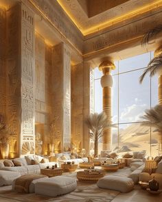 the interior of an egyptian style living room with large windows and palm trees in it