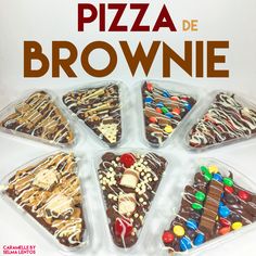 there are seven pieces of pizza in the plastic tray with chocolate and candy toppings