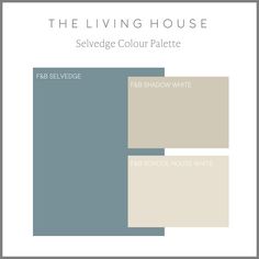 Farrow and Ball Selvedge colour palette with Farrow and Ball Shadow White and Farrow and Ball School House White. These colours all pair well together to create a well designed room. interior colour palette inspiration | interior design colour schemes #thelivinghouse Farrow And Ball Colour Combinations, Farrow And Ball Denimes Bedroom, Open Plan Living Colour Schemes, Selvedge Farrow And Ball Living Room, Farrow Ball Colour Scheme, Farrow And Ball Selvedge Kitchen, Farrow And Ball Selvedge Bedroom, Farrow Ball Selvedge, Farrow And Ball Colour Palette