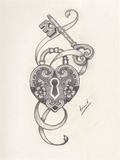 a drawing of a lock with a key in the middle and an ornate design on it