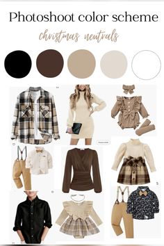 a bunch of different clothes and accessories on display with text that reads photoshot color scheme christmas neutrals